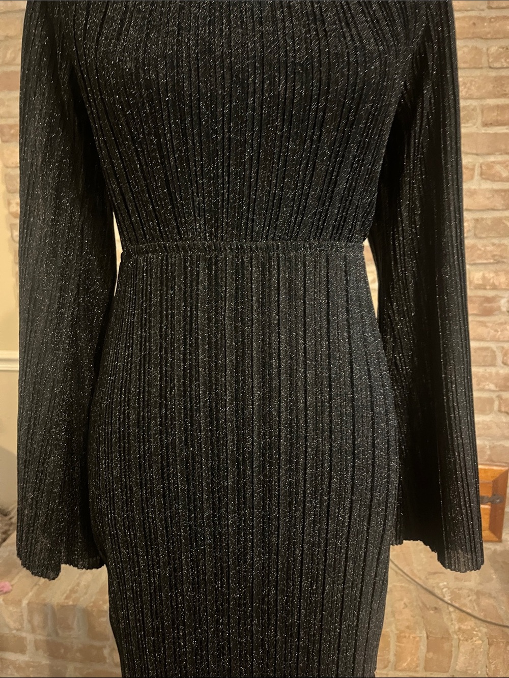 Black Metallic Pleated Open Back Maxi Dress | Long Sleeve - Picture 5 of 7